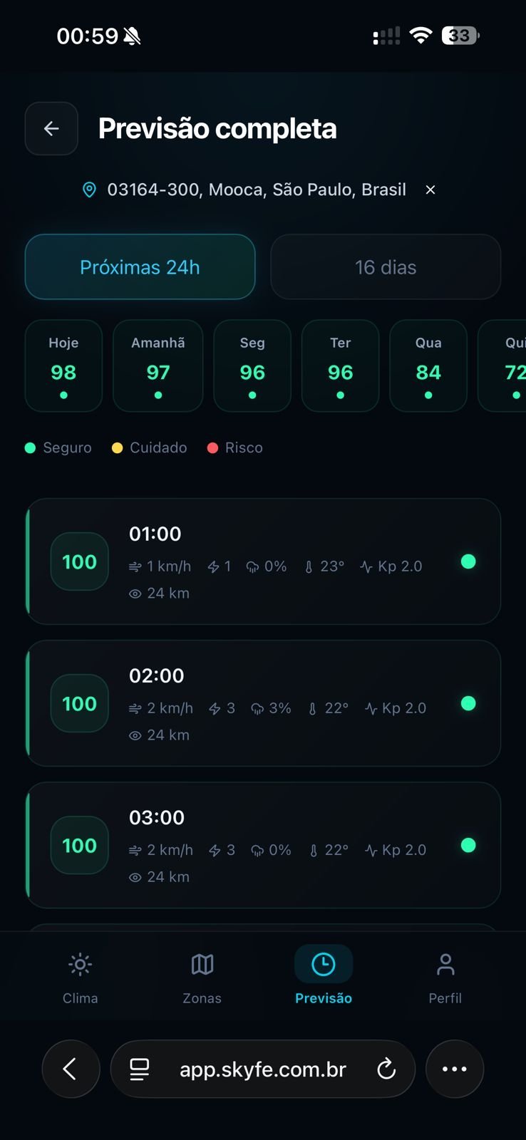 SkyFe — Previsão completa de 16 dias para voo