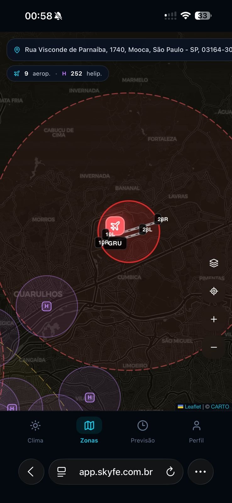 SkyFe — Mapa de zonas aéreas com aeroportos e helipontos